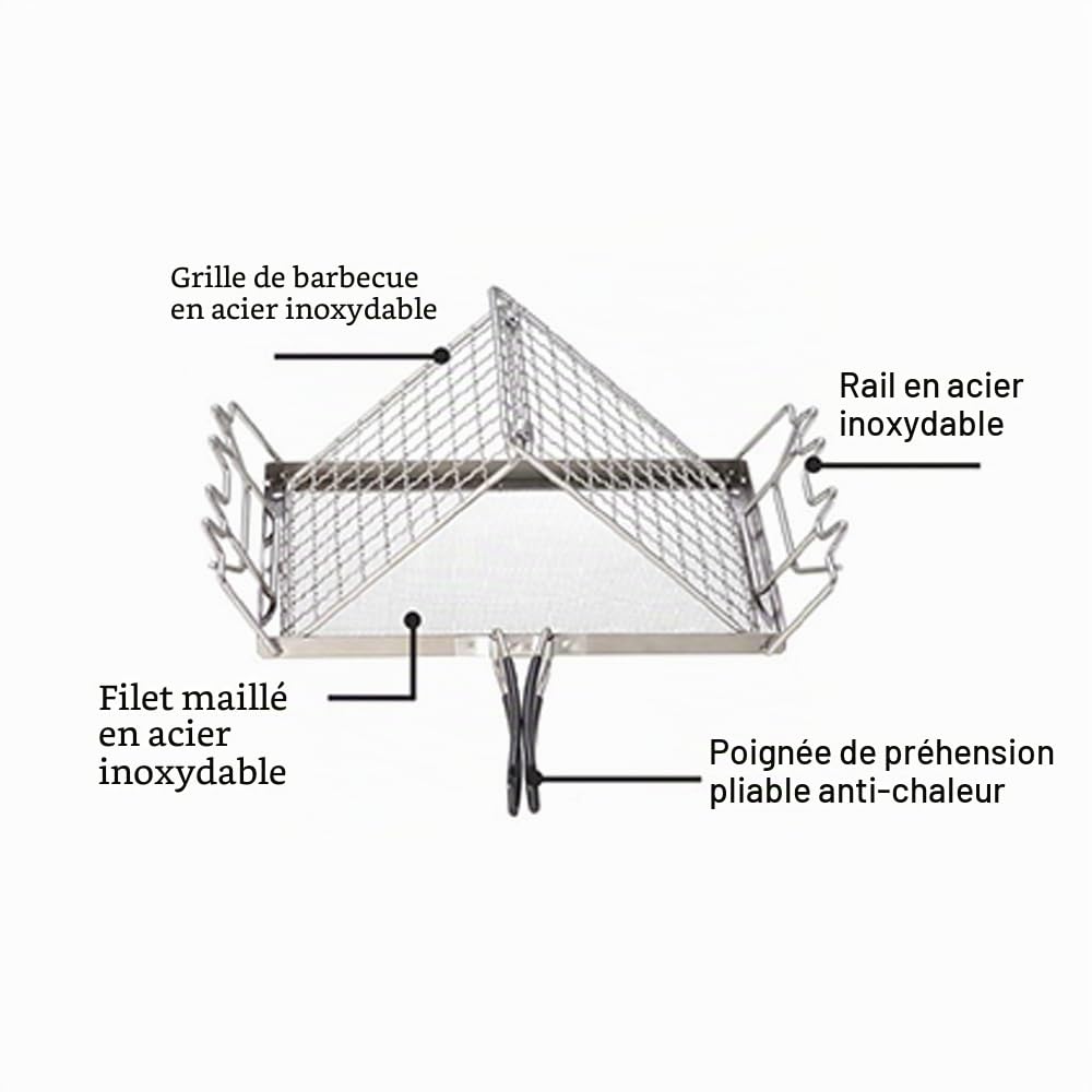 Sonew Grille-pain de camping pour réchaud à gaz, en acier inoxydable, pliable, poignée avec revêtement en caoutchouc, idéal pour le camping, le pique-nique et la pêche