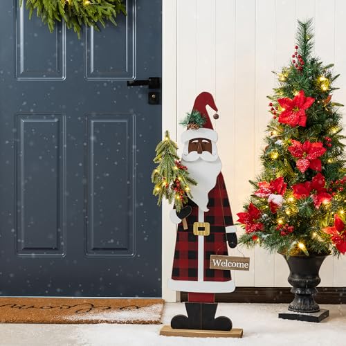 Image of Glitzhome 36''H Lighted Wooden Africa Santa Porch Decor with Timer & LED Lights, Christmas Standing Santa Porch Sign Decor with Xmas Tree and Welcome Plaques for Front Door Outdoor Decor
