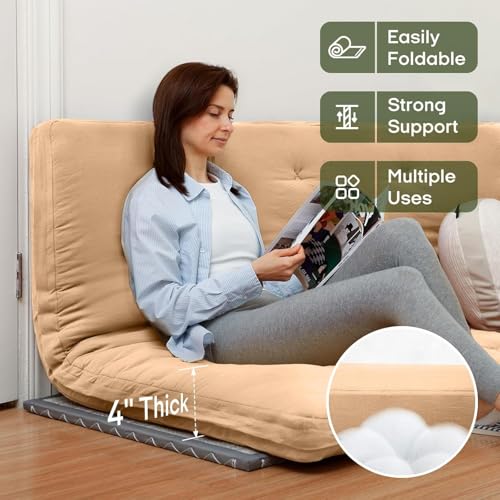 Image of ZonLi Japanese Floor Futon Mattress King Size 76 inchx 80 inch,100% Cotton Cover 4'' Thicken Tatami Mattress,Foldable Sleeping Pad,Portable Dormitory Tatami Mat,Roll Up Floor Lounger Bed for Adult (Burro)