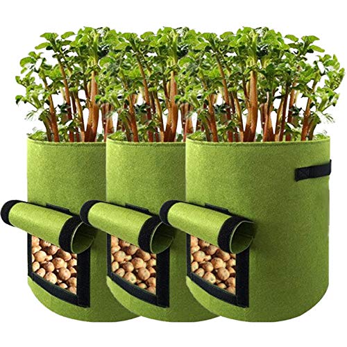 xinxin-home植物栽培バッグ 不織布ポット プランター 布鉢 園芸 植物育成 野菜栽培 手袋 DIY植栽 手植え 室内栽培用 通気性 収穫窓付き ハンドル付き 3点セット グリーン（Lサイズ：35*45cm）