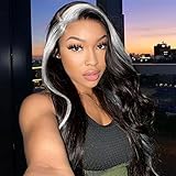YOROSTAR White Skunk Stripe Wig for Women - 28inch Long Wavy Wigs for Black Women, Highlight Synthetic Lace Wigs for Daily Party Halloween Cosplay Use（ Black with White）