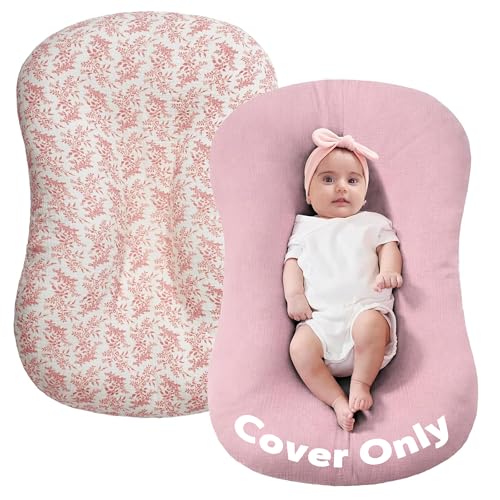 Image of FUNUPUP Muslin Baby Lounger Cover Only, Pink & Pink Leaves | 100% Muslin Cotton Soft Breathable Easy On /Off Envelope Closure Machine Washable Easy-Clean Protector Neutral Colors