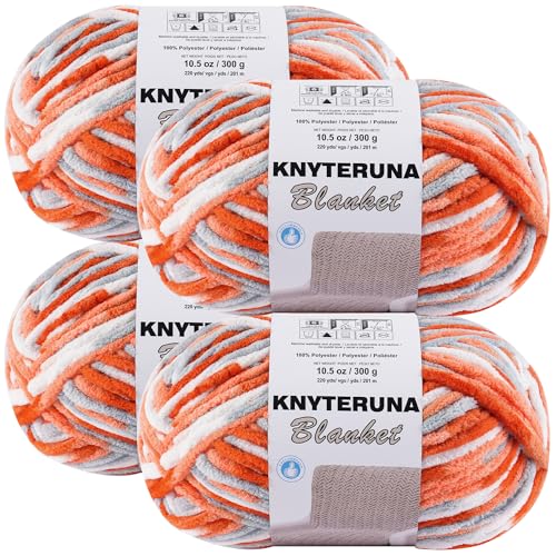 Image of #6 Super Bulky Blanket Yarn for Crocheting - 4 Skeins(Each 10.5oz /300g, 220yds /201m), Chunky Chenille Thick Plush Big Soft Yarn for Crocheting Knitting Blankets, Multi Orange & Grey