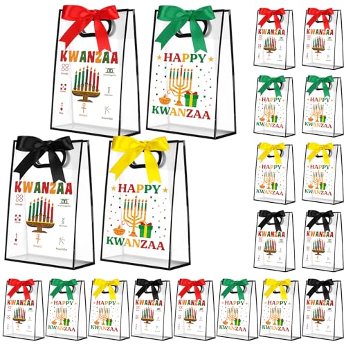 Sweetude 20 Pcs Happy Kwanzaa Gift Bags Bulk with Die Cut Handles 7 x 10 x 3.15 Inch Kwanzaa Party Favors Clear Plastic Bags with Ribbon African Heritage Party Decorations Traditional Festival Gift
