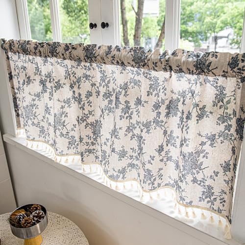 RoxNvm Visillos de lino estilo rústico, 150 x 46 cm, diseño de plantas, a rayas, estilo rústico, cortinas cortas, cortinas para ventanas, cortinas de cocina, con decoración para salón (B)