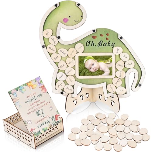 HANDSOME MONKEY KING Dinosaur Baby Shower Guest Book Alternatives, Baby Shower Decorations with Photo Frame and Wooden Dinosaur Egg Slices, Guest Sign in GuestBook for Gender Reveal Decorations