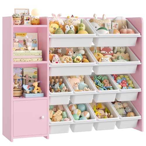 FOREHILL Toy Storage Unit Kids Bookcase Kids Storage Unit Childrens Bookshelf Toy Organiser with 8 Removable Toy Boxes for Nursery Playroom White+Pink 112.5 x 30 x 100cm