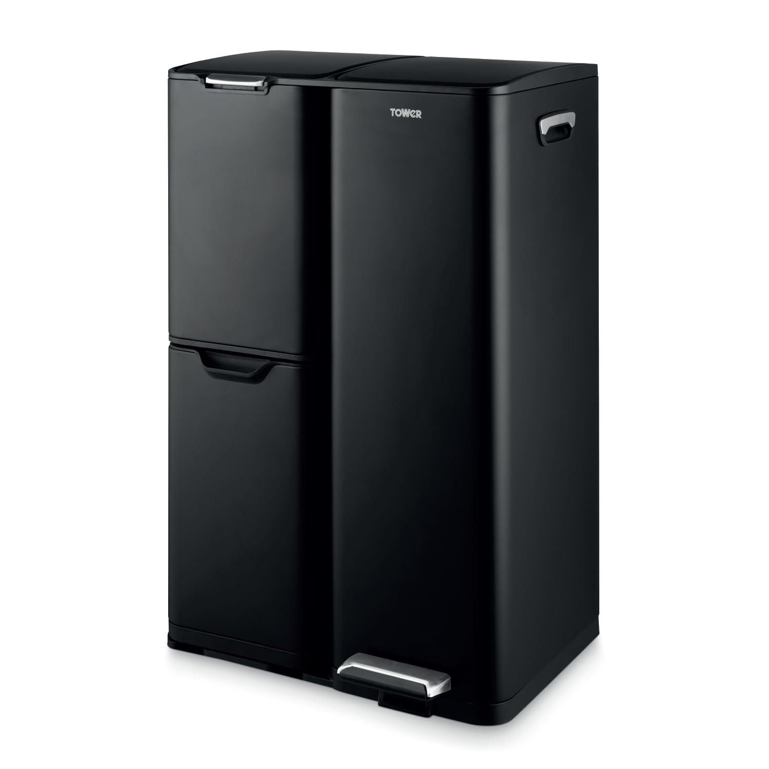 Tower Recycling Pedal Bin, Three Individual Compartments with Removable Inner Buckets, Carbon Steel Body, 60L, Black