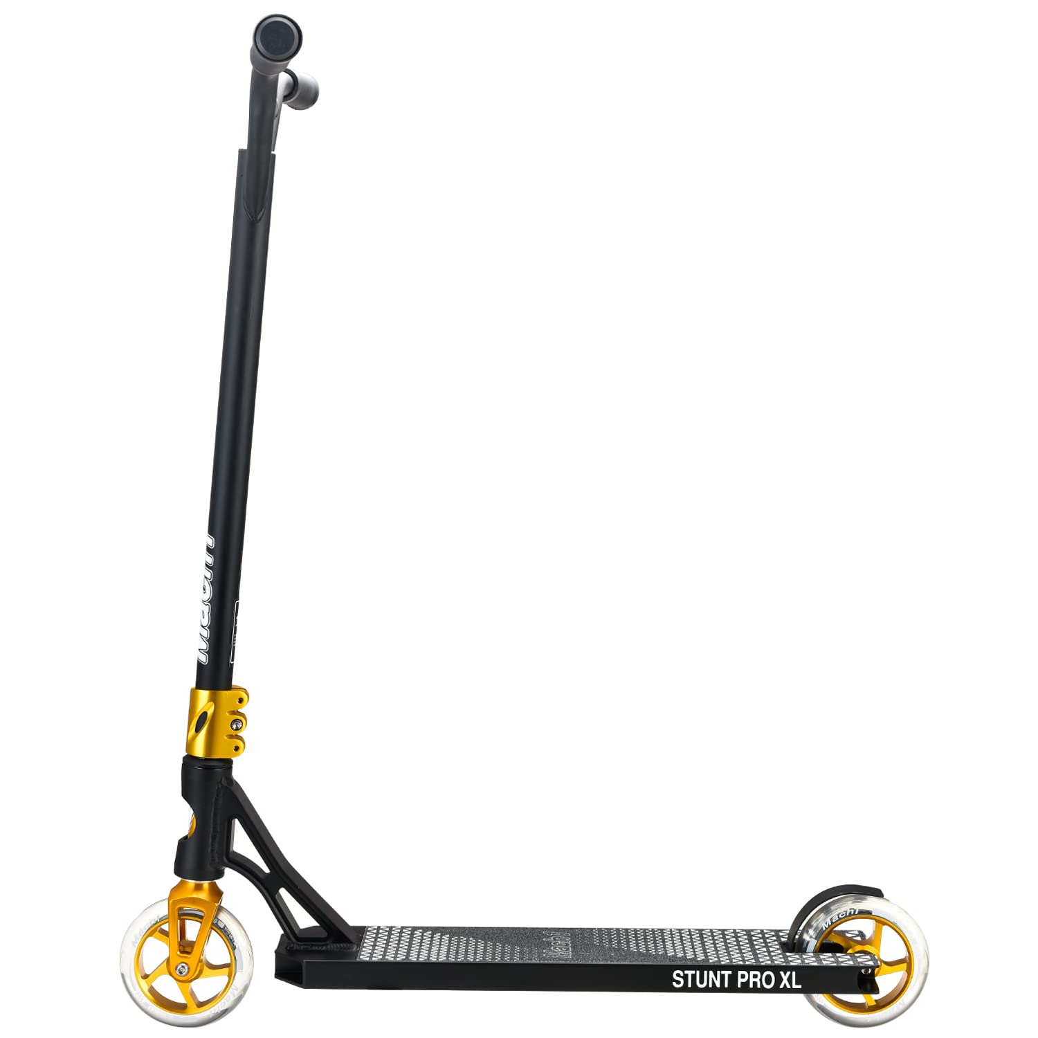 Mach1 Stunt Scooter Kierownica 360° – kółka 120 mm z aluminiowym rdzeniem i łożyskami kulkowymi ABEC 9, hulajnoga, kickscooter, Fun Stunts Trick Roller dla dzieci od 6 lat (czarno-złota z przezroczystymi kółkami)