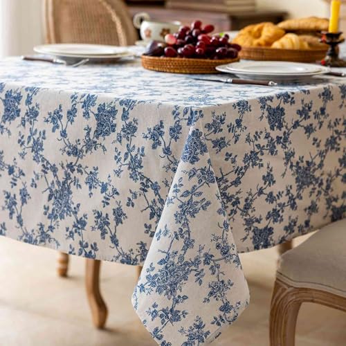 Rectangle Tablecloth 52 x 70 Inch - Vintage Beige Linen Look Table Cloth - Machine Washable Farmhouse Pastoral Water Resistant Table Cover, Picnic, Indoor Kitchen Outdoor & Dining, Blue Floral Flower