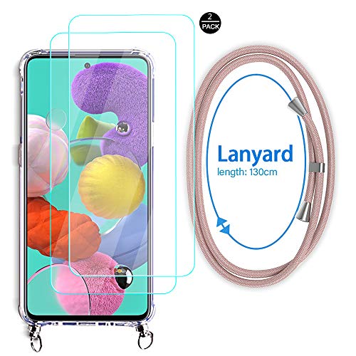 Funda para Samsung Galaxy A71 + 2 x Protector Pantalla, Carcasa con Cuerda Transparente Silicona Case para Samsung Galaxy A71, CaseLover Colgar Ajustable Collar Correa de Cuello Cordón Case, Oro Rosa