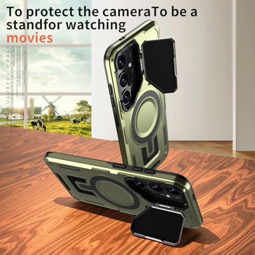 Image of Bumper Case Designed for Samsung Galaxy S24 FE Kickstand Case with Camera Cover, Compatible with Magsafe Built-in Rotatable Magnetic Heavy Duty Shockproof Phone Cover - Green