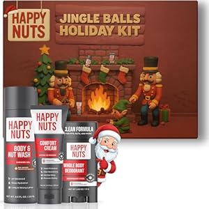 HAPPY NUTS Holiday Essentials Bundle Kit – Gift Box for Men with Comfort Cream, Hydrating Body Wash & Whole Body Deodorant – Mens White Elephant Gift Basket Idea for Him and Stocking Stuffer