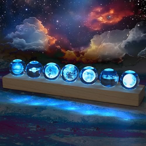 7 Pcs Solar System Planet Crystal Ball with LED Wooden Base, 3D Outer Space Astronomy Gifts Room Office Decor Crystal Sphere Unique Christmas Gifts For Men Him Physics Teacher Night Light Planet Lamp
