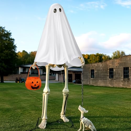 Cozypower 12 ft Skeleton Costume Accessories, Halloween Skeleton Ghost Outfit Set, Includes White Ghost Clothing and Pumpkin Basket for Giant Sized Halloween Garden Outdoor Decor