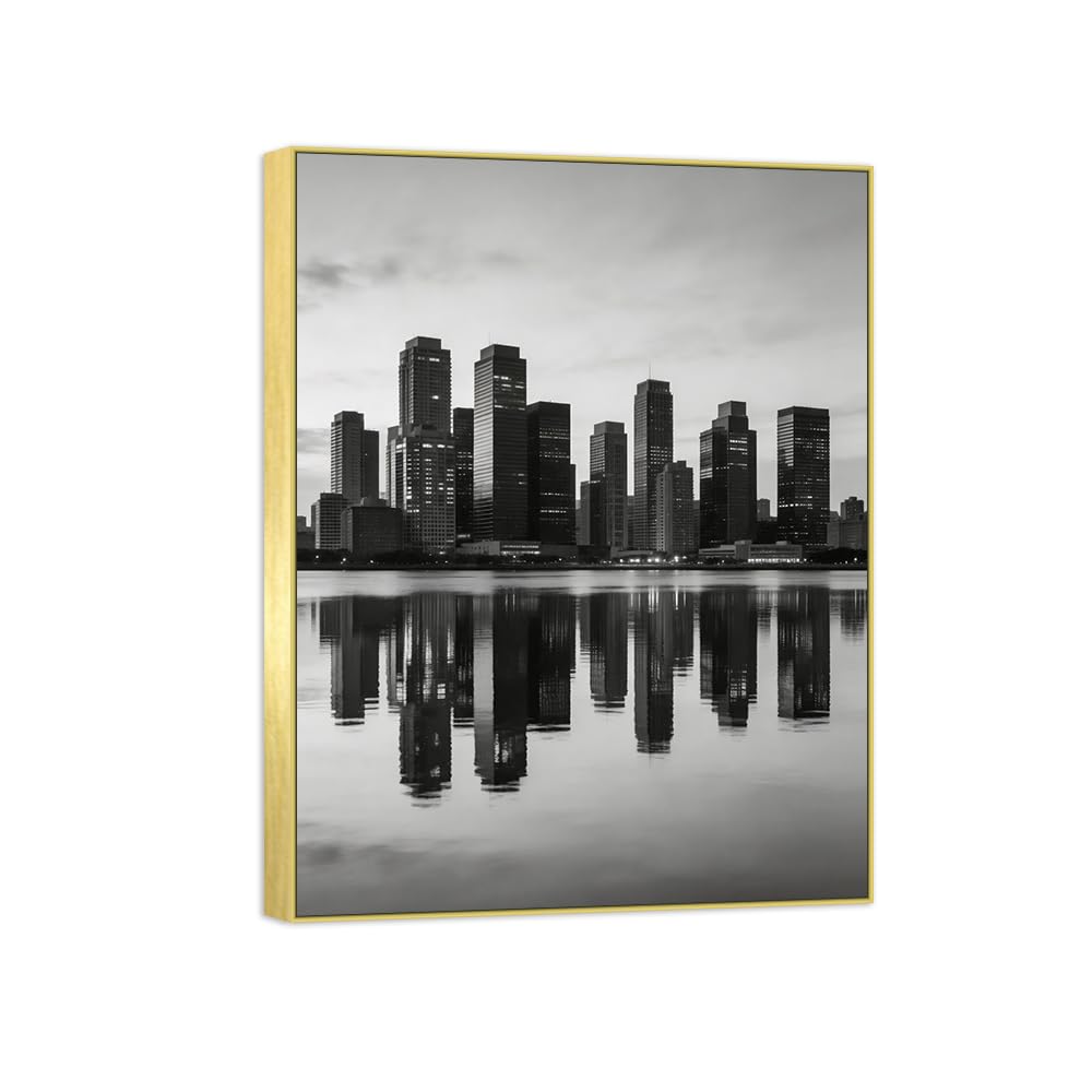 OZPWBVY Buildings 4 Black White Landscape Canvas Picture 50x65cm Gold Frame