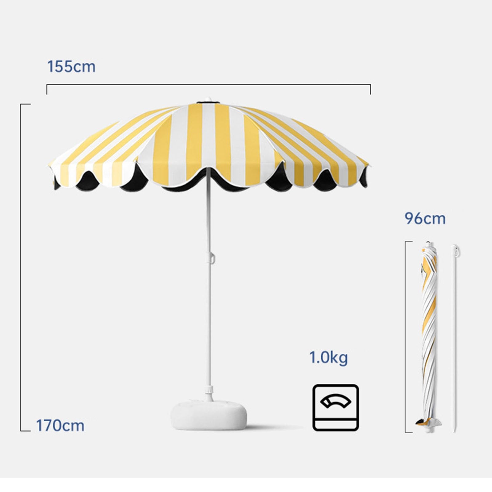 Parasol W Żółte Paski Z Czarnym Winylowym Wnętrzem Zapewniającym Ochronę Przed Słońcem I Chłodzeniem, Odpowiedni Na Kemping Na Plaży I Na Patio.