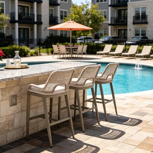 Image of PURPLE LEAF Bar Stools Set of 2 Bar Height Metal Bar Chairs with Back Modern Tall Comfy Wicker Woven Boho Garden Pool Patio Outdoor Barstools, Champagne