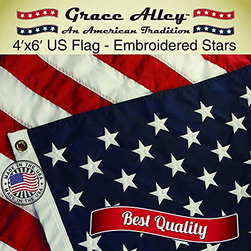 American Flag 4X6 Outdoor By Grace Alley, Embroidered Stars, Sewn Stripes, Heavy Duty, Hand Made And Fade Resistant - Long Lasting Nylon & Brass Grommets For Commercial Grade Durability, 100% Made In Usa #TOP3