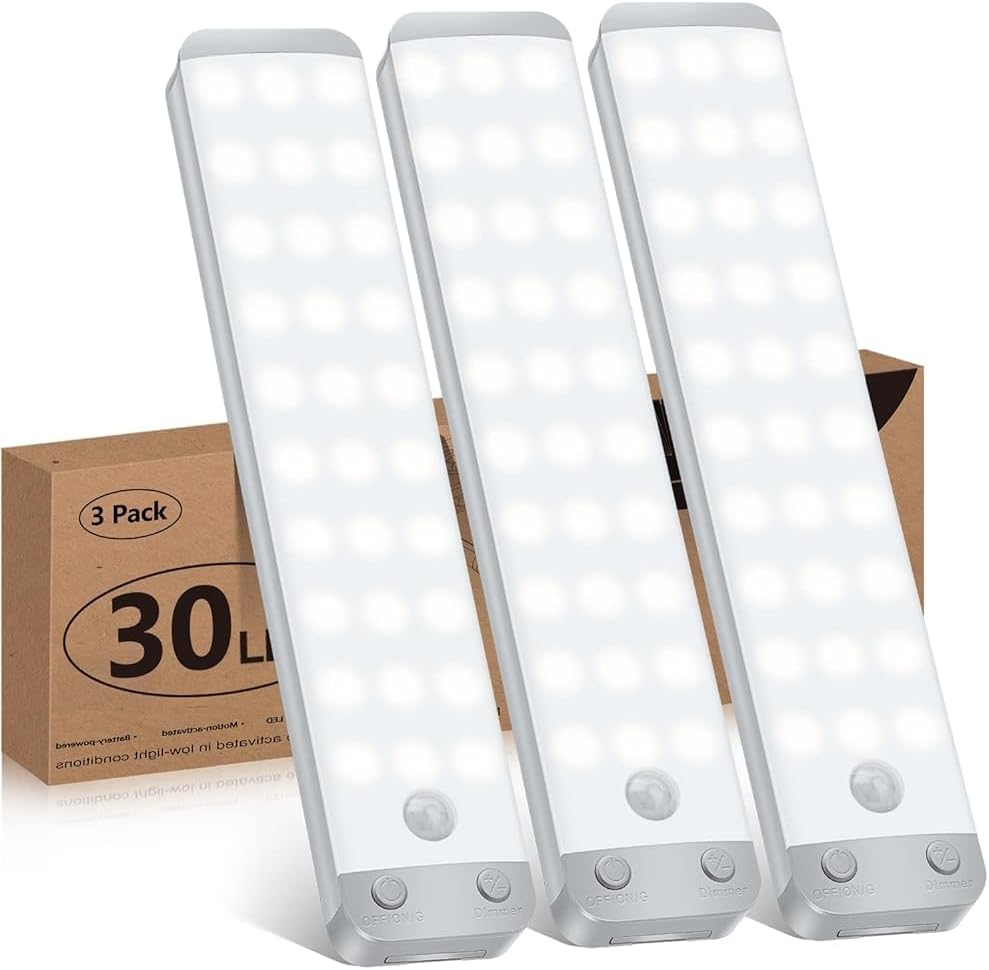 Motion Sensor Cupboard Light, Wireless USB Rechargeable Under Cabinet Lighting LED Closet Light, Magnetic Under Counter Lights Kitchen with 20 LED, Night Light for Wardrobe, Cabinet, Stairs(White)