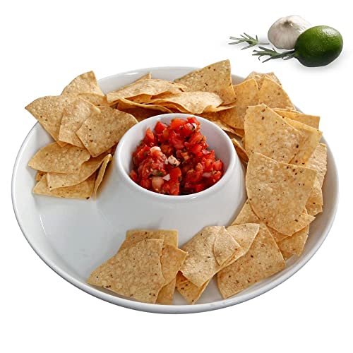 Kook Ceramic Chip & Dip Platter, Large Serving Dish, Round Tray For Snacks And Appetizers, With Bowl For Guacamole, Hummus, Dishwasher Safe, 13 Inch, White #TOP2