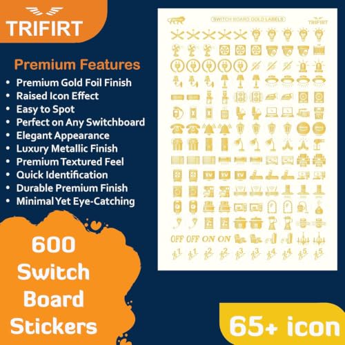 Image of Trifirt Royal Gold 600 Switchboard Stickers | Premium Self-Adhesive Vinyl Labels | 66+ Luxury Embossed Icons for Fan, Geyser, Light, Door Bell, AC & Home /Office Electrical Switch Identification
