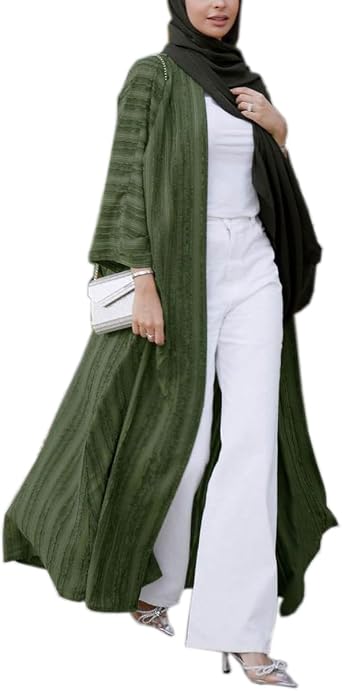 Fashion Muslim Kimono Abaya Cardi Robe Striped Ethnic Cardigan Middle Eastern Kaftan With Pockets