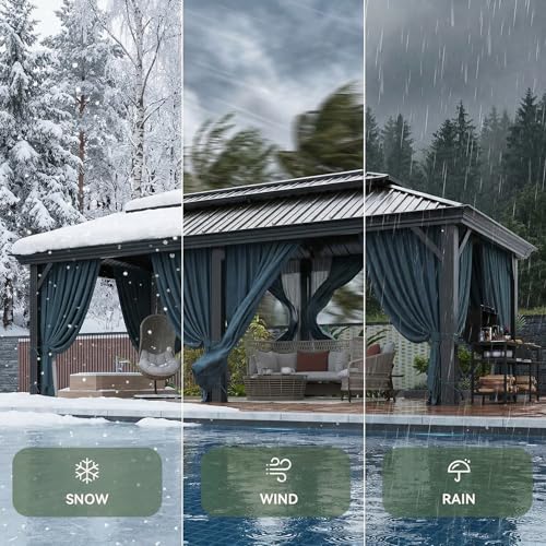 Image of HOTEEL Gazebo 12x20 on Clearance with Metal Roof, Heavy Duty Hardtop Gazebo with Flame-Retardant Curtain & Netting, Outdoor Gazebos with Galvanized Steel Double Roof for Party,Patio Black