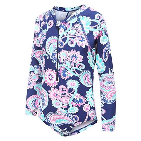 Moon Tree Little Girls Swimming Costume One Piece Swimsuits Hawaiian Long Sleeve Rash Guard Blue 3-4 Years Cover
