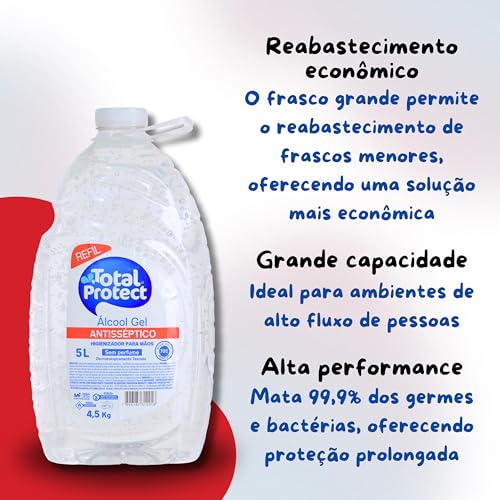 Álcool em Gel para as Mãos, Mata 99,9% dos germes e bactérias, Total Protect, 5 Litros, Transparente