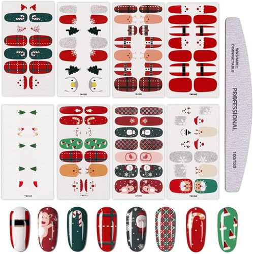 EBANKU 8 hojas Navidad Envolturas para Uñas, Autoadhesivas Muñeco de Nieve Copo de Nieve Envolver Uñas Manicura DIY Decoración de Uñas para Mujeres y Niñas con 1 Lima de Uñas