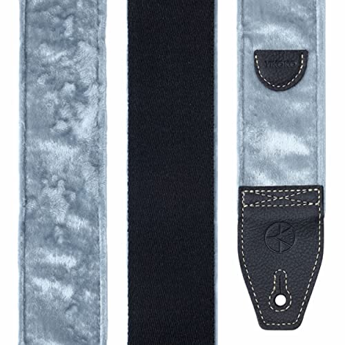 Yikoko Guitar Strap, 2" Velvet Full Grain Leather End Guitar Straps For Bass, Electric And Acoustic Guitars, Complimentary Strap Button, 1 Pair Of Strap Locks And 4 Guitar Plectrums - Silver Grey #TOP5