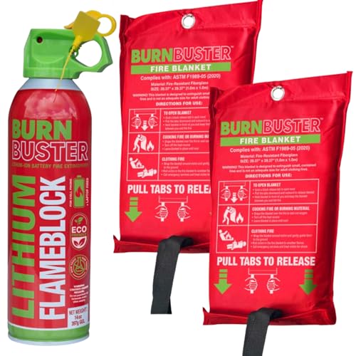 BurnBuster 2-Pack Emergency Fire Blankets and Lithium-Ion Fire Suppression Gel - for Home, Kitchen, Grill, Camping, Car & More