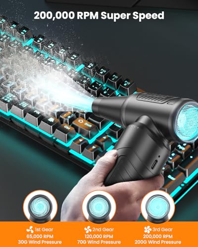 Compressed Air Duster, 200,000 RPM Electric Air Duster for Computer, 3 Gear Adjustable High-Speed Air Blower, 9,000mAh Large Battery Reusable no Canned Keyboard Cleaner for Office, Home, Car