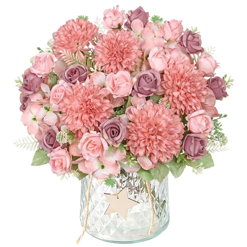 DEMIUKO 2 paquetes de flores artificiales de hortensias y rosas, ramo de flores artificiales de seda artificial, jarrón decorativo, arreglo floral para bodas, fiestas, hogar, cocina, centros de mesa