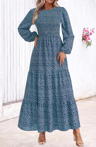 Image of PRETTYGARDEN Women's Fall Dresses 2026 Long Sleeve Flowy Casual Floral Maxi Dress Crew Neck Smocked Tiered Long Dress