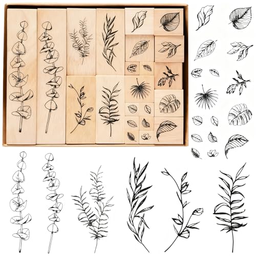 Juego de 22 sellos de madera, sellos de flores, patrones de plantas naturales, sellos de diseño vintage, para álbumes de recortes, diarios, tarjetas de bricolaje, etiquetas, hierba y hojas