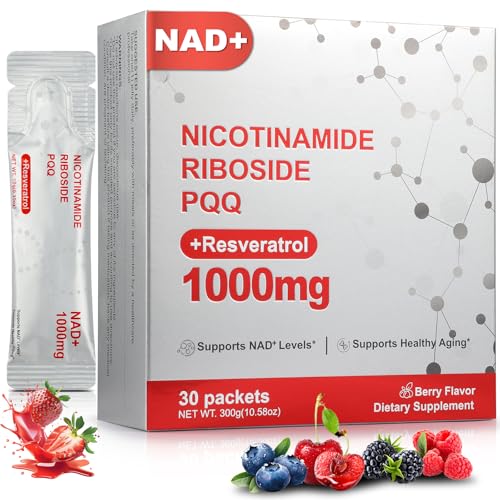 Zooone NAD+ Liquid Supplement 1000mg Nicotinamide Riboside & Resveratrol Extra Strength Berry Flavor Drink Mix for Energy Focus & Anti-Aging -30 Pack