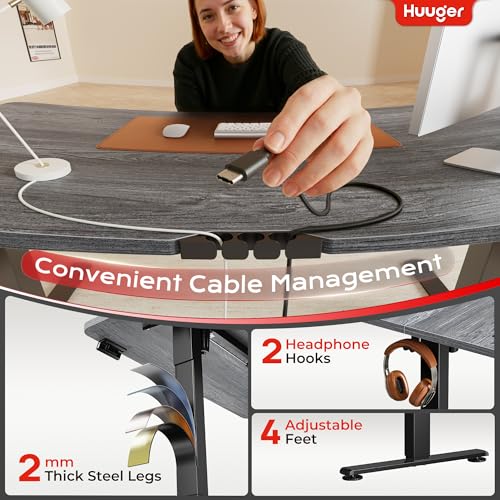 Image of Huuger Electric Standing Desk with Power Outlets and USB-C Port, 55 X 24 Inch Height Adjustable Desk, Sit Stand Desk for Home Office, Computer & Gaming Desk with 4 Presets, Stable Steel Frame, Grey