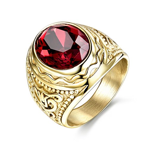 MASOP Lunxury Engraved Stainless Steel Mens Ring Red Synthetic Ruby Crystal Gold Color Wedding Band Rings