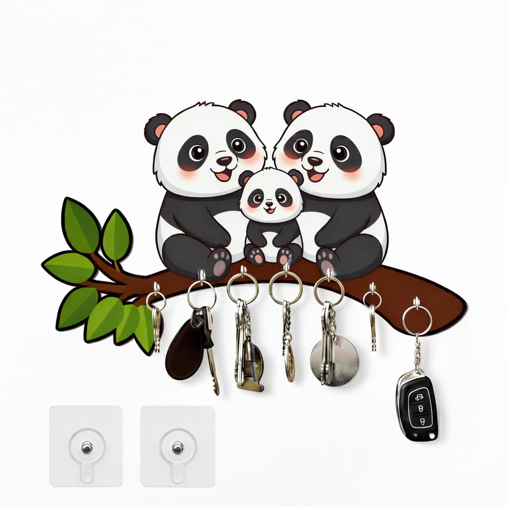 Panda Family Wall Key Holder with 6 Hooks | Cute Cartoon Panda Design Key Organizer for Home Entrance | Decorative Key Stand with Strong Adhesive Mount-image-43