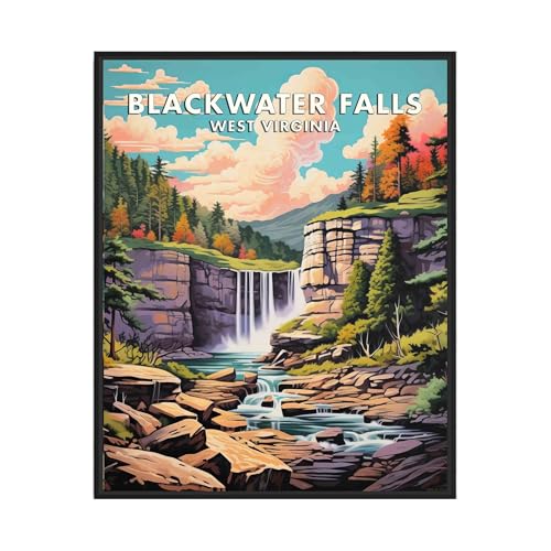 Blackwater Falls West Virginia Poster Art Print, Vintage Waterfalls Retro Mountain and Lake Landscape, Wall Art Poster Decor Nature Landscape Picture For Bedroom Office Home 69 (Blackwater Falls West Virginia, 14"L x 11"W, Black Frame)