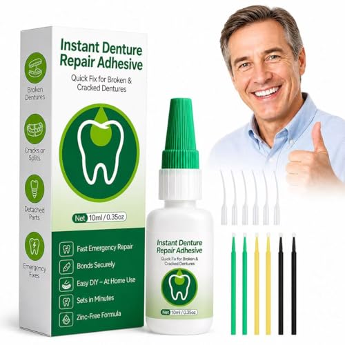 Dental Lab Instant Bonding Professional Denture Repair Adhesive Kit Fast Setting in 1 Min Fix Broken Dentures &Retainer at Home Strong Dental Adhesive Glue with Tools (10ML)