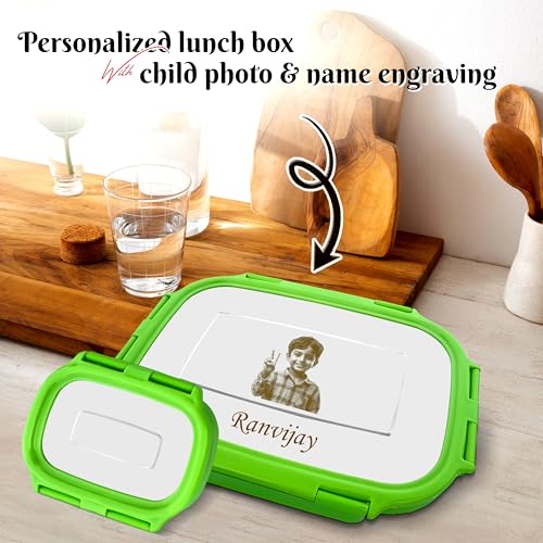 Image of SAVRI Personalized Kids Stainless Steel Lunch Box Green- Customized Photo & Name Laser Printed Tiffin Box | Leakproof School Snack Storage for Boys & Girls | Birthday Return Gift, Daycare &Picnic Use