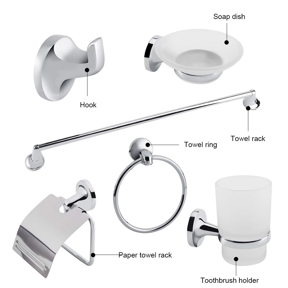 Juego de 6 accesorios de baño cromados para montaje en pared, soporte para papel higiénico, soporte para cepillo de dientes, jabonera, kit moderno de accesorios de baño