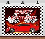 CORFOTO 7x5ft Happy Birthday Racing Theme Backdrop Car Black White Grid Red Birthday Themed Backdrops Racing Flag Backgrounds for Photography Boys Adults Happy Birthday Party Banner