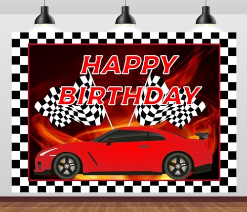 CORFOTO 7x5ft Happy Birthday Racing Theme Backdrop Car Black White Grid Red Birthday Themed Backdrops Racing Flag Backgrounds for Photography Boys Adults Happy Birthday Party Banner