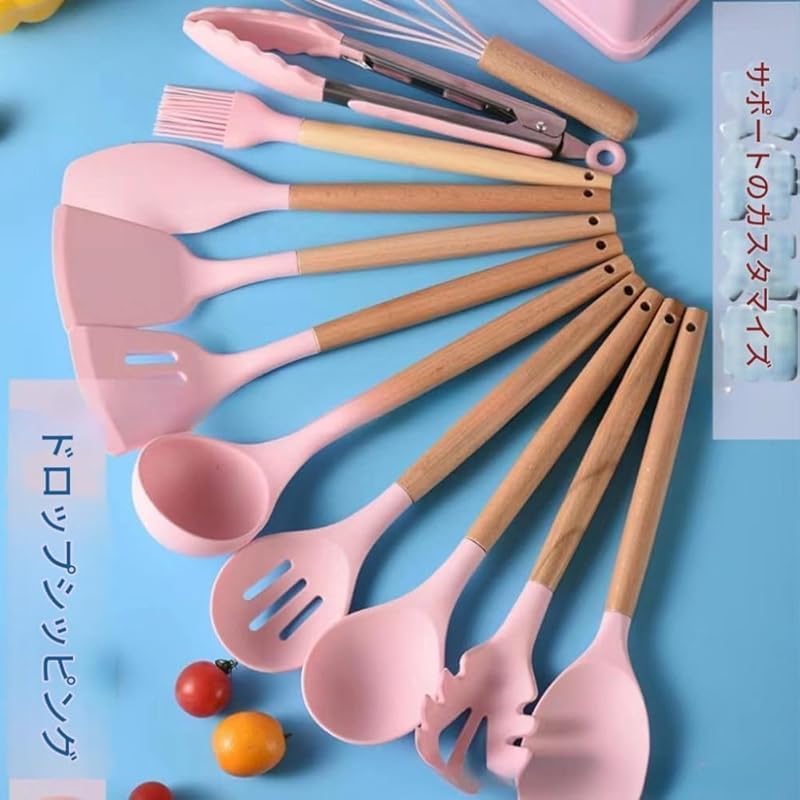 AZIEBAY耐熱シリコン製キッチン用品19点セット。二重層収納ボックス付き。ヘラ、スプーン、ナイフ、調理器具などを含む多目的キッチ