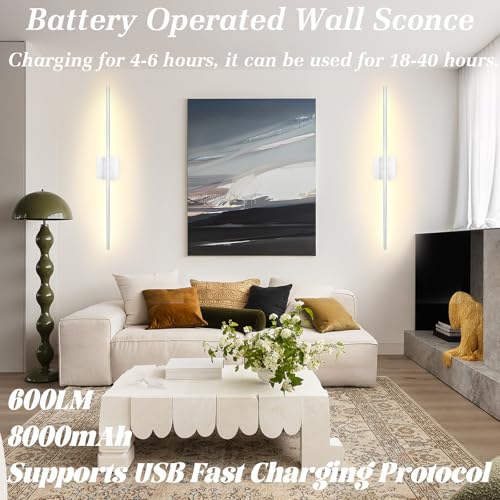 Image of 40 Inch Wireless Wall Sconces Set of 2, Rechargeable Battery Operated Wall Sconce With Remote & Touch, 8000mah, 3 Color Modes, Magnetic, 360 Rotate, for Bedroom, Living Room, Hallway Decor, Silver