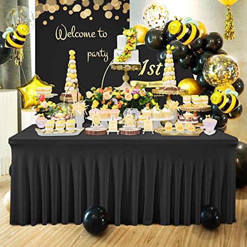 Image of Besutolife Black Tablecloth for Rectangle Table 6ft Spandex Table Skirt One-Piece Design for Birthday Parties Wedding